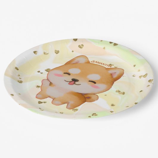 Kawaii Smiling Cartoon-Style Shiba Inu Pappteller (Schrägansicht)