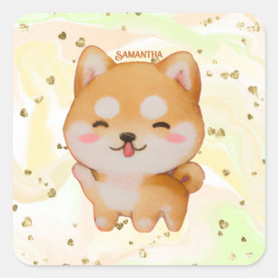 Kawaii Smiling Cartoon-Style Shiba Inu Quadratischer Aufkleber