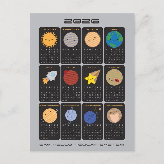 Kawaii Solar System 2026 Kalender Postkarte (Vorderseite)