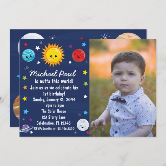 Kawaii Solar System außerhalb dieser Welt Geburtst Einladung (Vorne/Hinten)