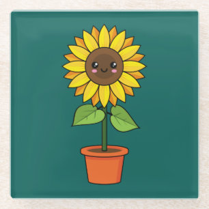 Kawaii Sonnenblume Pflanze in einem Topf Glasuntersetzer