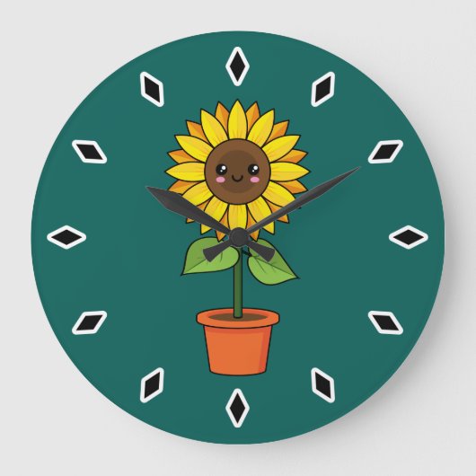Kawaii Sonnenblume Pflanze in einem Topf Große Wanduhr (Vorderseite)