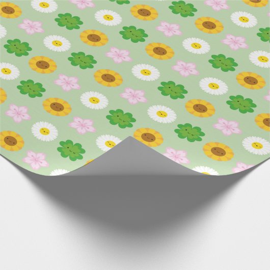 Kawaii Spring Flowers (grün) Geschenkpapier (Ecke)