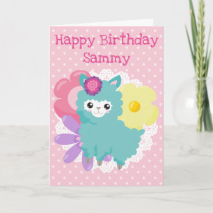 Kawaii Spring Pink Llama Happy Birthday Karte