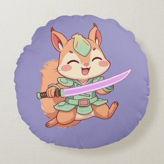 Kawaii Squirrel Samurai. Rundes Kissen (Vorderseite)
