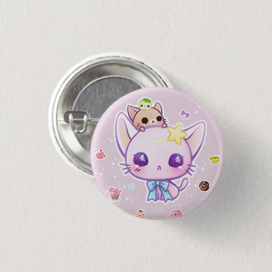 Kawaii Stern Kitty mit niedlichen Kuchen Button (Vorne & Hinten)