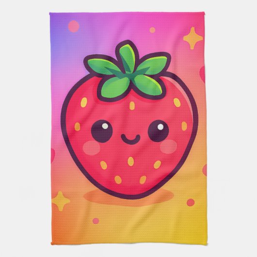 Käwaii Strawberry auf Pastel Gradient Backg lächel Geschirrtuch (Vertikal)