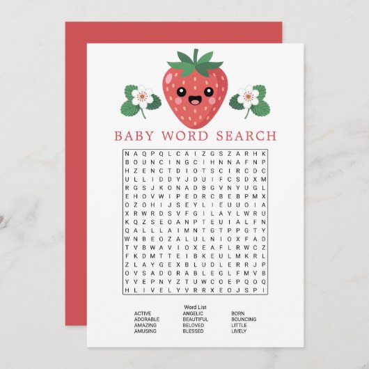 Kawaii Strawberry Baby Shower Word Search Game Einladung (Vorne/Hinten)