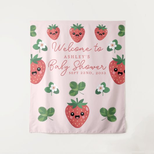 Kawaii Strawberry Babydusche Hintergrund Wandteppich (Vorderseite)