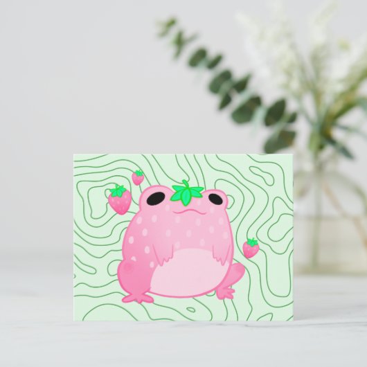 Kawaii Strawberry Frog Softcore Ankündigungspostkarte (Stehend Vorderseite)