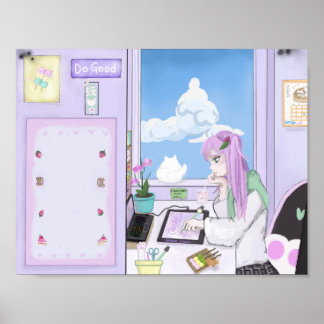 Kawaii Strawberry Girl Zeichnend Poster für digita