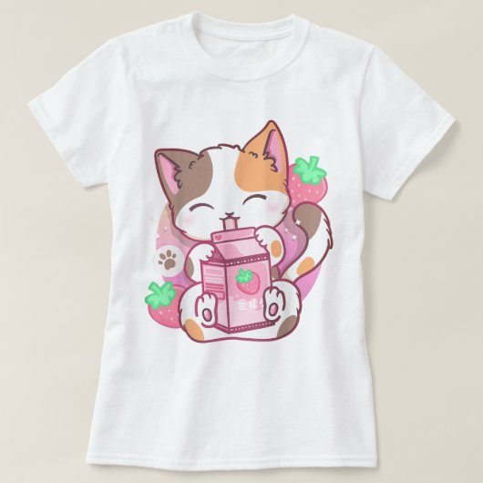 Kawaii Strawberry Milk Cat Design T-Shirt (Design vorne)