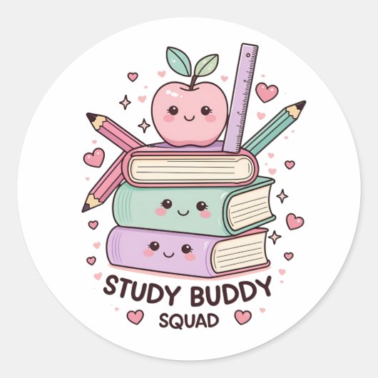 Kawaii Study Buddy Squad School Supplier Runder Aufkleber (Vorderseite)
