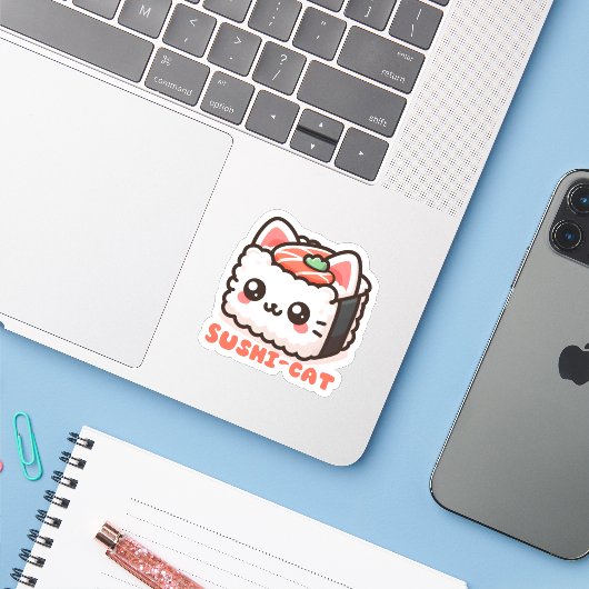 Kawaii Sushi-Cat Pun Aufkleber (Laptop mit iPhone)