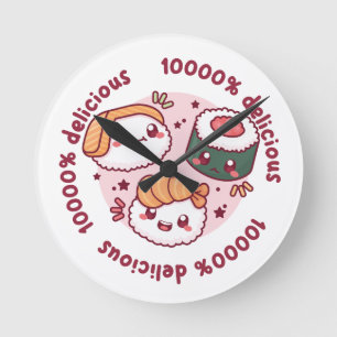 Kawaii Sushi mit lustigen Zitaten für schwarzen Li Runde Wanduhr