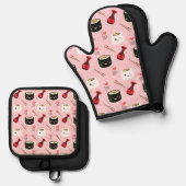 Kawaii Sushi Muster Light Pink Ofenhandschuh & Topflappen-Set (Vorderseite/Rückseite)