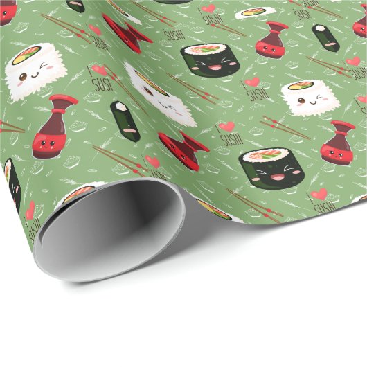 Kawaii Sushi Pattern grün Geschenkpapier (Rolleneckpunkt)