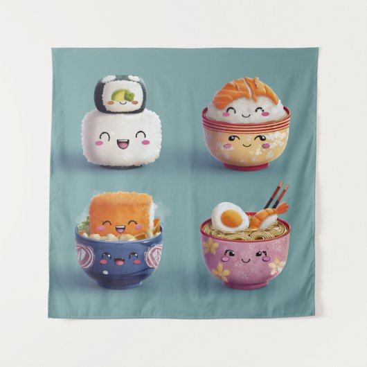 Kawaii Sushi & Ramen Crew Wandteppich (Vorderseite)