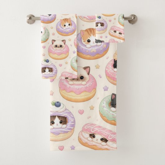 Kawaii süße Donut-Kätzchen-Gebäckmuster Badhandtuch Set (Insitu)