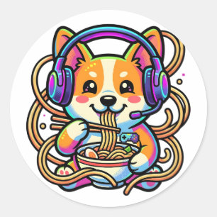 Kawaii Süßer Corgi-Gamer isst Ramen-Abzeichen Runder Aufkleber