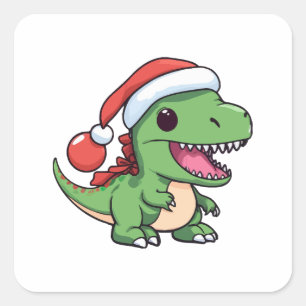 Kawaii T-Rex Dinosaur in Weihnachtsmütze Quadratischer Aufkleber