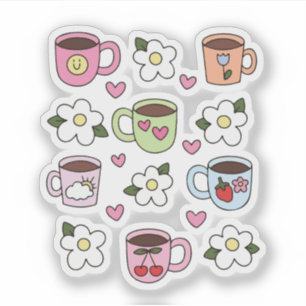 Kawaii-Tasse und Blumen Aufkleber