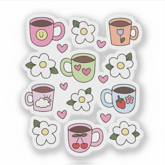 Kawaii-Tasse und Blumen Aufkleber (Vorderseite)