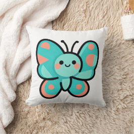 Kawaii Teal Butterfly Happy Face Cartoon Art Kissen