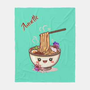 Kawaii Teal-Ramen-Essschale mit japanischen Blumen Fleecedecke