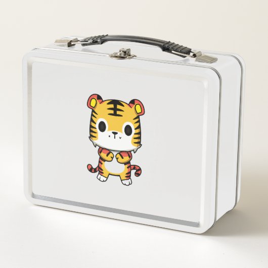 Kawaii Tiger White Metal Lunchbox (Vorderseite)