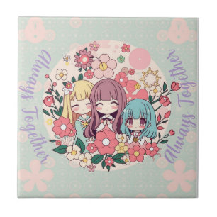 Kawaii Trio - Niedliche Anime Girls & Floral Vibes Fliese