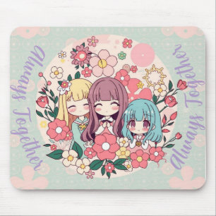 Kawaii Trio - Niedliche Anime Girls & Floral Vibes Mousepad