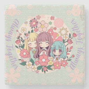 Kawaii Trio - Niedliche Anime Girls & Floral Vibes Steinuntersetzer