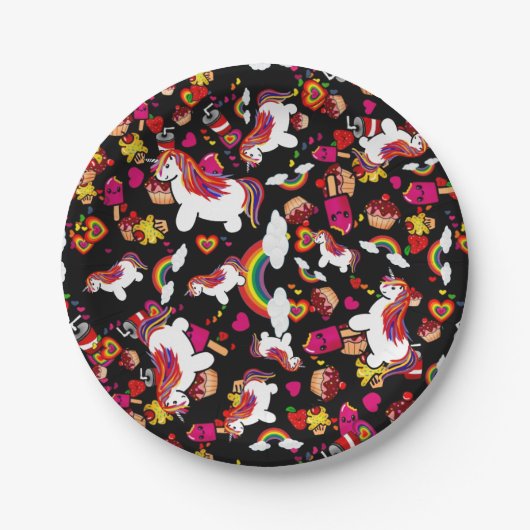 Kawaii Unicorn Cupcake Doodles Personalisiert Pappteller (Vorderseite)
