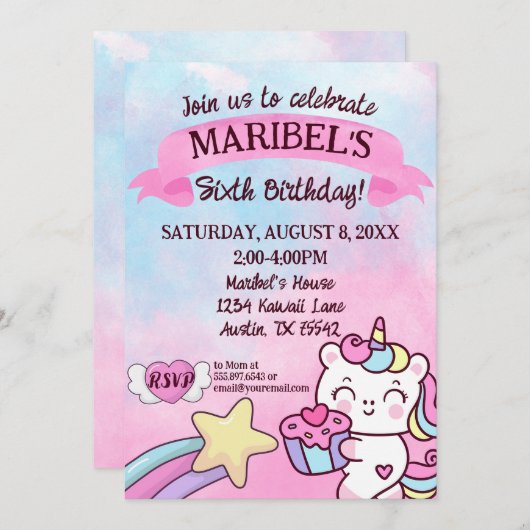 Kawaii Unicorn Rainbow Pink Blue Birthday Einladung (Vorne/Hinten)