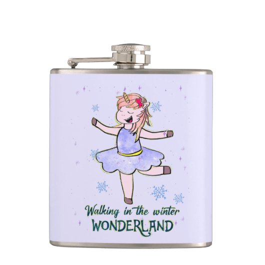 Kawaii Unicorn | Wandern im Winter Flachmann (Vorderseite)