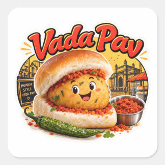 Kawaii Vada Pav Aufkleber, Mumbai Street Food Retr Quadratischer Aufkleber