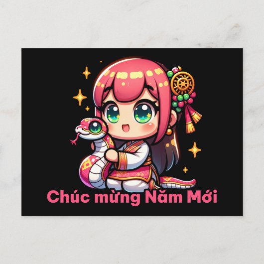 Kawaii Vietnamese New Year Girl & Snake Postkarte (Vorderseite)