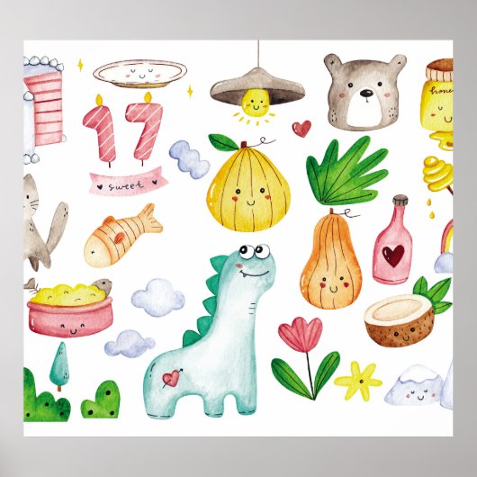 Kawaii Wasserfarbdoodles, Aufkleber fertig. Poster (Vorne)