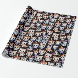 Kawaii Watercolor Halloween Witch Kittens Geschenkpapier