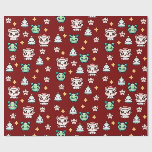 Kawaii Weihnachtskatzen & Sternen Umschlagpapier Geschenkpapier (Flach)