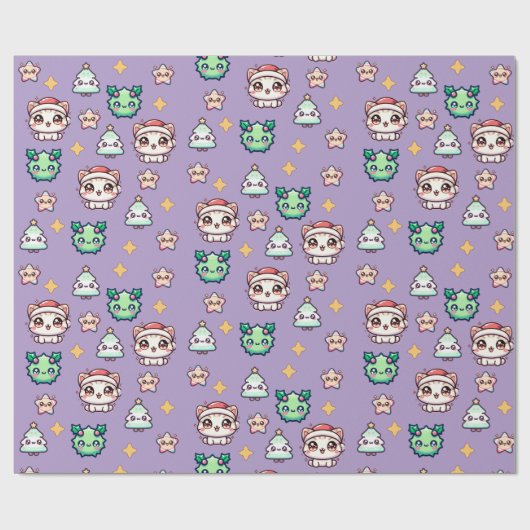 Kawaii Weihnachtskatzen & Sternen Umschlagpapier Geschenkpapier (Flach)