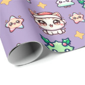 Kawaii Weihnachtskatzen & Sternen Umschlagpapier Geschenkpapier (Rolleneckpunkt)