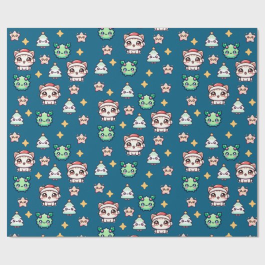 Kawaii Weihnachtskatzen & Sternen Umschlagpapier Geschenkpapier (Flach)