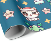 Kawaii Weihnachtskatzen & Sternen Umschlagpapier Geschenkpapier (Rolleneckpunkt)
