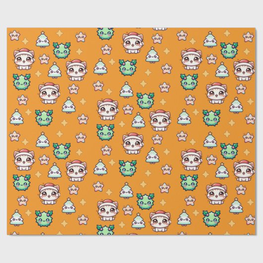 Kawaii Weihnachtskatzen & Sternen Umschlagpapier Geschenkpapier (Flach)