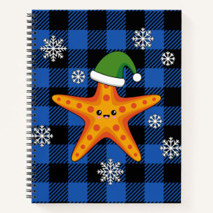 Kawaii-Weihnachtsstern auf blauem Büffelmuster Notizblock