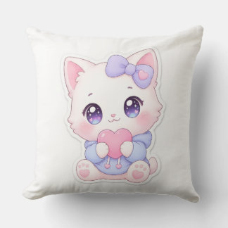 Kawaii Weiße Kätzchen Herz & Lila Schleife Kissen