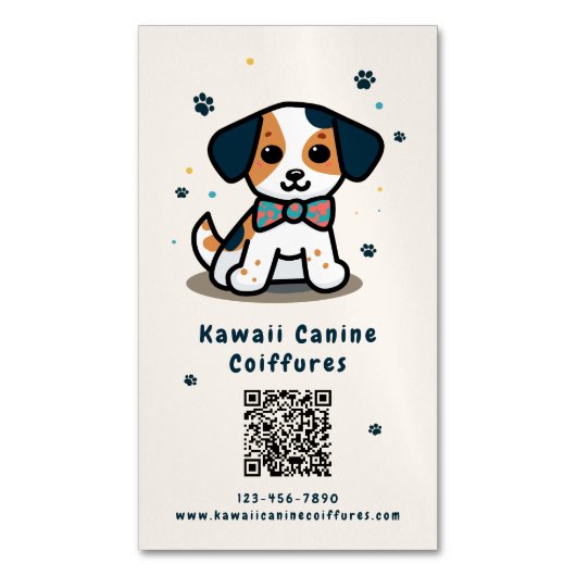 Kawaii Welpe qr Code Hundgrooming Magnetische Visitenkarte (Vorderseite Vertikal)