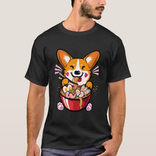 Kawaii Welsh Corgi Eating Ra T-Shirt (Vorderseite)